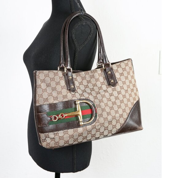 Gucci Handbags - GUCCI Monogram Horsebit Hasler Tote